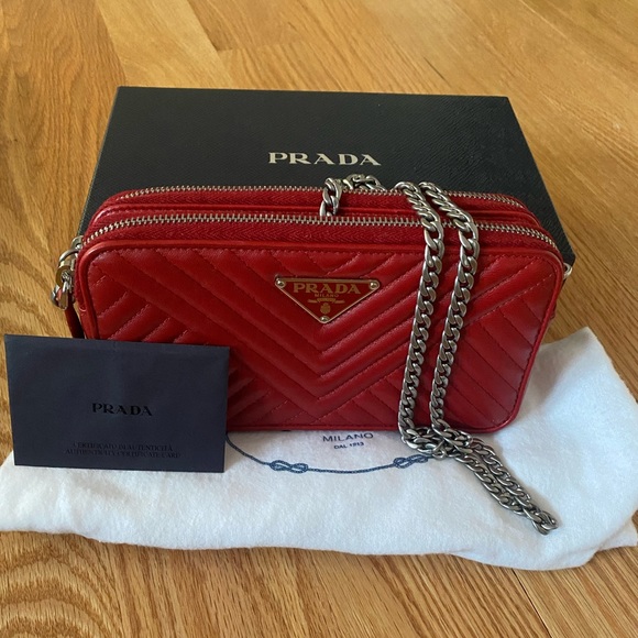 Prada Red Chevron Leather Chain Bag - Picture 3 of 13